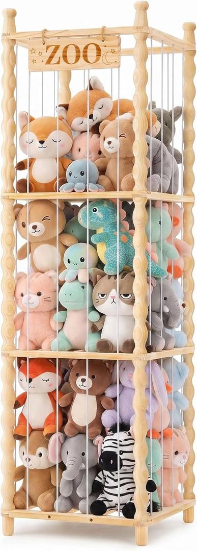 Stuffed Animal Storage Organizer, Wooden Toy Storage Organizer with Cute Wave Design, Large Capacity Plush Toy Holder for Kids Room, Nursery & Playroom (54" Tall)