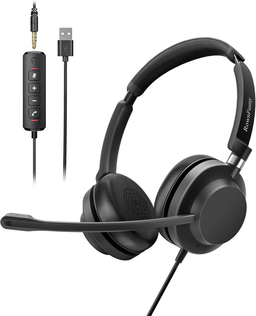 USB Headset with Microphone for PC, Wired Computer Headset with Mic Noise Cancelling On-Ear Headphones for Laptop/Mac, Home Office, Call Centers, Skype, Zoom & Teams