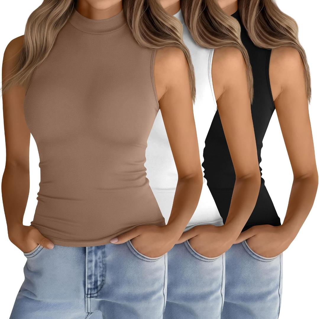 Ficerd 3 Pack Women's Sleeveless Tank Tops, Mock Neck Summer Shirts Slim Stretch Basic Tops Lightweight Knit Tee (Black, White, Coffee)