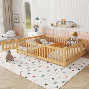 Bellemave Full Size Floor Bed with Slats and Safety Guardrail, Full Size Montessori Floor Bed with Fence and Door, Easy Assemble Montessori Beds for Kids, Girls, Boys, Natural