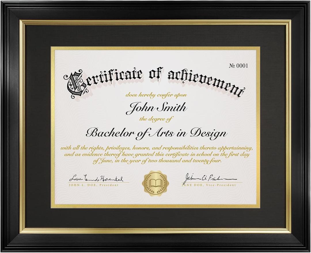 8.5x11 Diploma Frame with Black over Gold Acid-free Mat or Display 11x14 Document without Mat, Certificate Frame with Tempered Glass, Tabletop or Wall Mount (1 Pack, Black/Black) (11x14 with mat for 8.5x11 - 1pk, Black frame/Black mat)