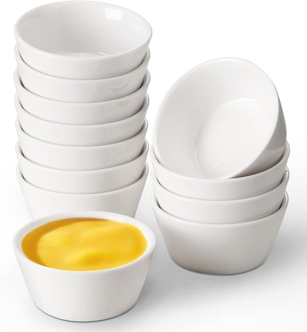 Porcelain Dipping Bowls Set, 12 Pack Ceramic Soy Sauce Dish, 2.7 Oz White Small Dip Bowl, Mini Serving Bowl for Side Dishes, Ketchup, Appetizer, Soy, Sushi, BBQ Party, Condiment (Round)