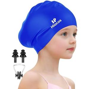 Kids Swim Cap for Girls Boys, 2 Size Silicone Swimming Cap for Long Hair, Waterproof Swim Hats for Toddlers Children Teens to Keep Hair Dry