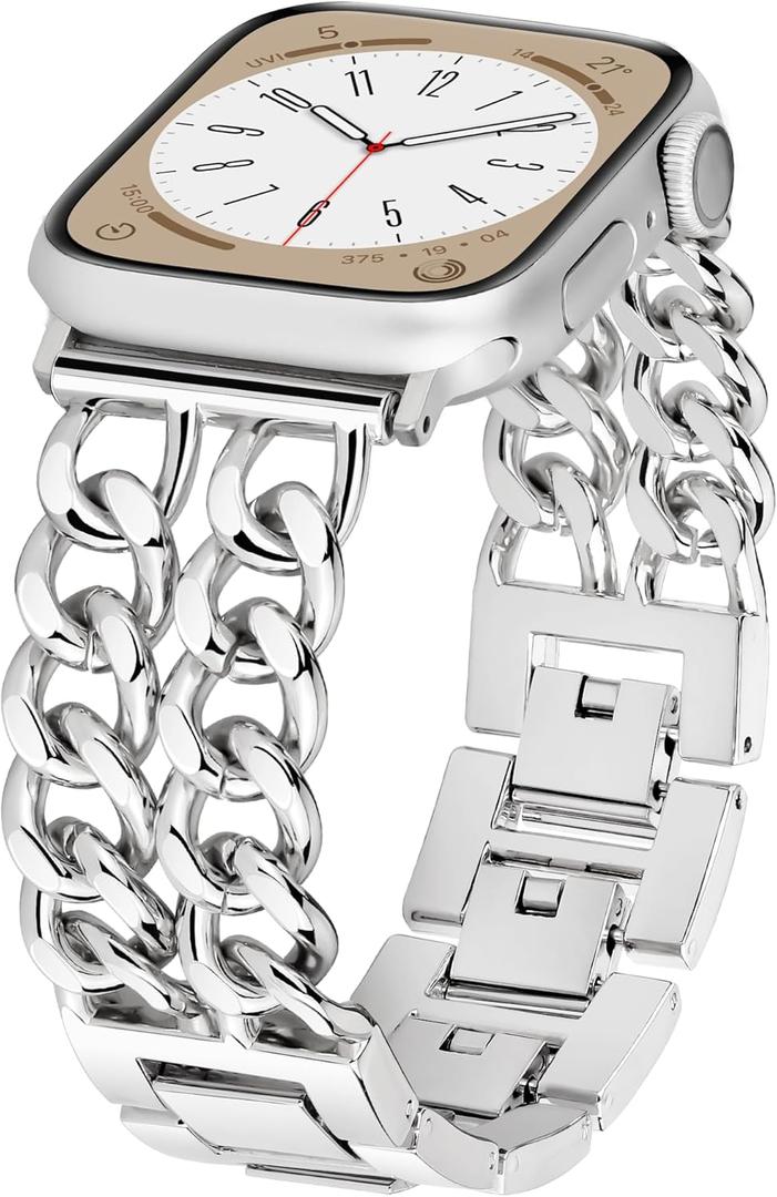 Aniaboho Metal Band Bracelet Compatible with Apple Watch Series 9 8 SE 7 6 5 4 3 2 1 Ultra 2, iWatch Bands for Women Men, Chain Design Easy Adjustable Bands for Apple Watch 42mm 44mm 45mm 49mm(Silver)
