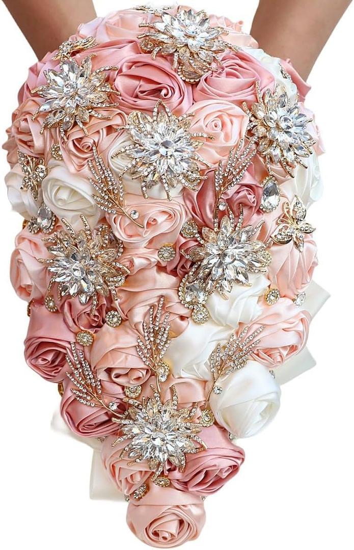 Luxury Cascade Bridal Wedding Bouquet Satin Rose Waterfall Holding Bouquet Artificial Flower Bunch for Bride Bridesmaid(Ivory, Blush & Peach Pink, 17.3" x 8.7")
