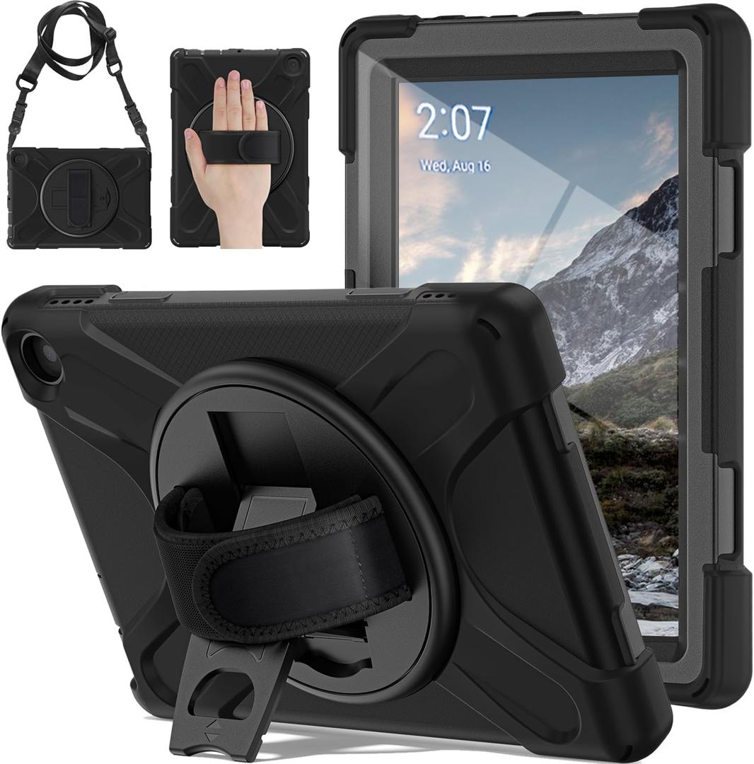 Case for 8/8 Plus 2020 Tablet, Shockproof Case Screen Protector-Stand-360 Rotating Hand Strap - Black