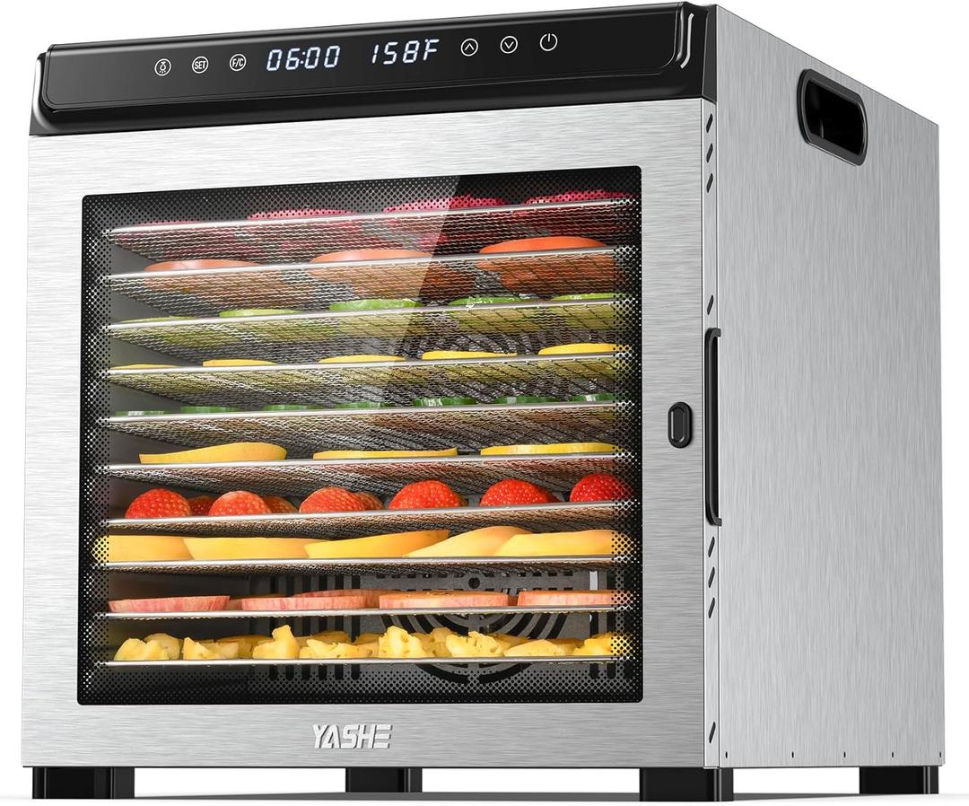 YASHE Food Dehydrator Machine, 10 Stainless Steel Food Dryer, 72H Timer and Temperature Control (95F-167F), 1100W Dehydrators for Food and Jerky, Herbs, Fruit, Dog Treats, Recipes Book Included (Silver)