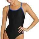 Sporti Solid Piped Thin Strap One Piece Swimsuit (28, Black/ Royal)