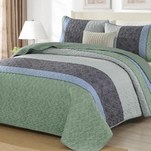 Cottolester Boho Queen Quilt Set,Striped Plaid Bedspread Coverlet Set,Grey Green Bedding Set Soft Microfiber Bedding Set with 2 Pillow Shams 96"x90" (Green and Gray)