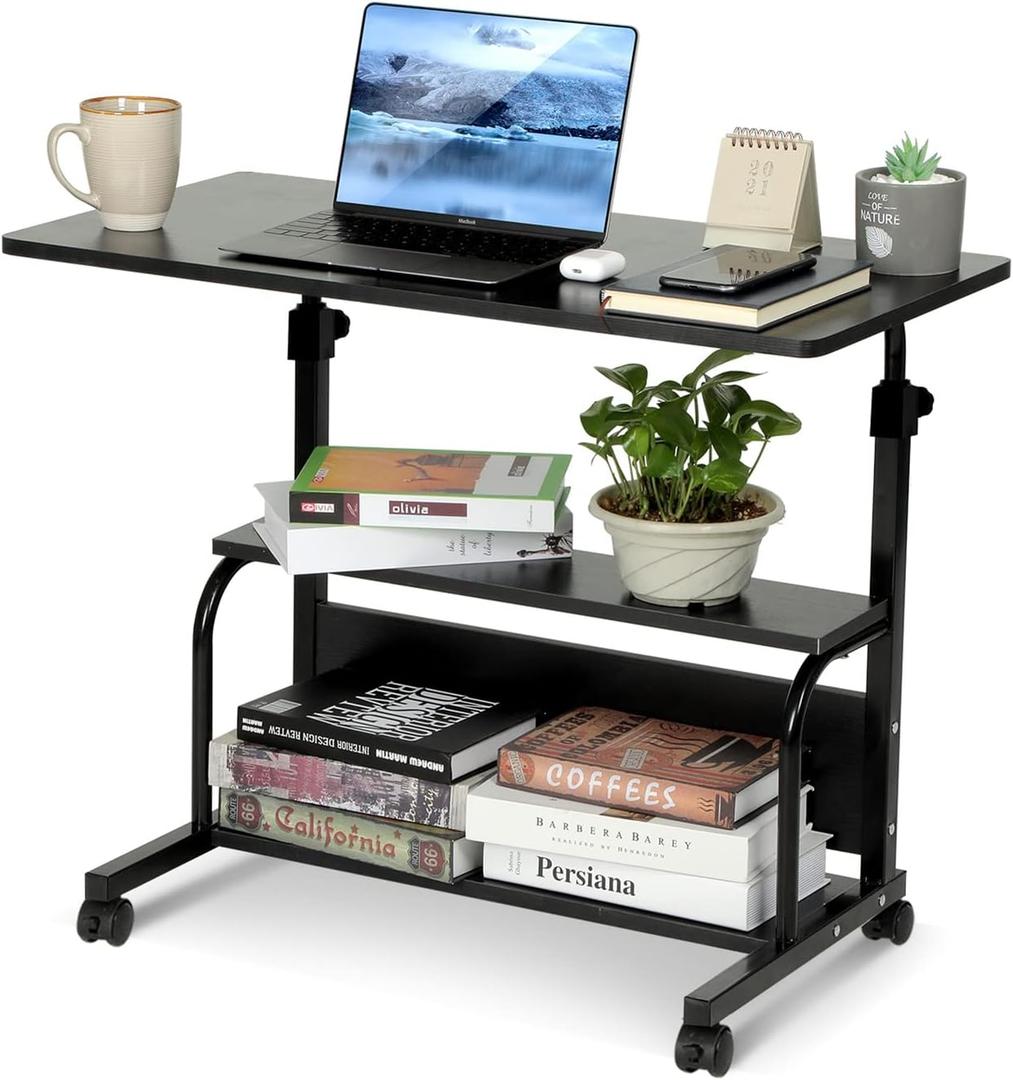 Portable Rolling Desk on Wheels Adjustable Height Desks for Small Spaces, 32" Computer Desk with Storage Shelves for Home Office Black