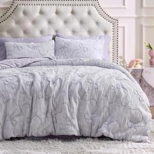 Bedsure Twin Size Comforter Set, Light Purple Boho Tufted Bed Set, 3D Puffy Jacquard Bedding Twin Size, 2 Pieces, 1 Farmhouse Shabby Chic Embroidery Comforter with Bow Pattern & 1 Pillow Case