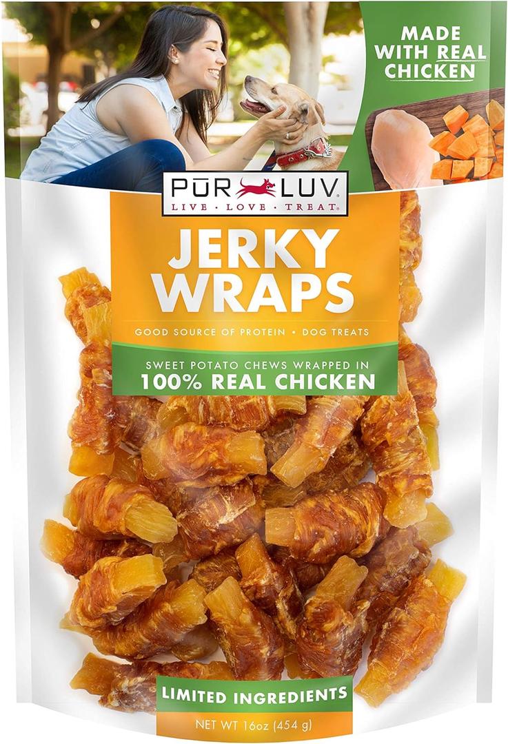 Pur Luv Chicken Wrapped Sweet Potato Dog Treats, Rawhide Free Jerky Wraps, Made with Real Chicken, 16 Oz, Healthy, Easily Digestible, Long Lasting, High Protein Treat, Satisfies Dog's Urge to Chew (EXP 08/28/28)