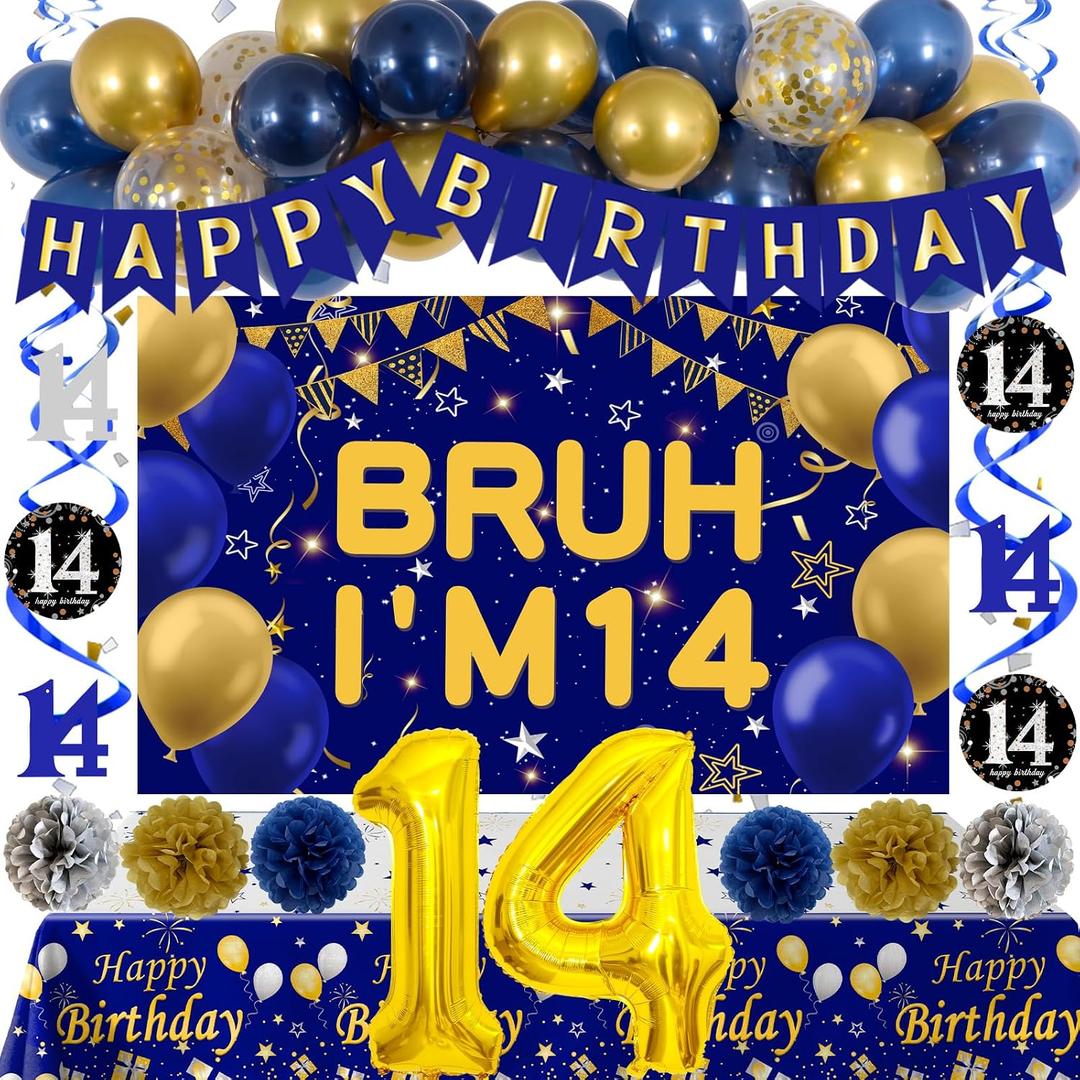 14th Birthday Decorations for Boys, Blue and Gold Happy 14th Birthday Decorations Boy, Bruh I'm 14 Backdrop Happy Birthday Banner Tablecover Number 14 Balloons Pompoms,14 Year Old Boy Bday Party Decor