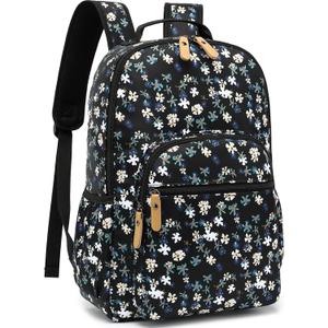 Leaper Laptop Backpack for Women: Cute Girls Backpack Floral for School College Travel Work - Lightweight Bookbag for Kids Teens - Aesthetic Back Pack Hiking Daypack for Teacher (Black-White Flower) (Large)