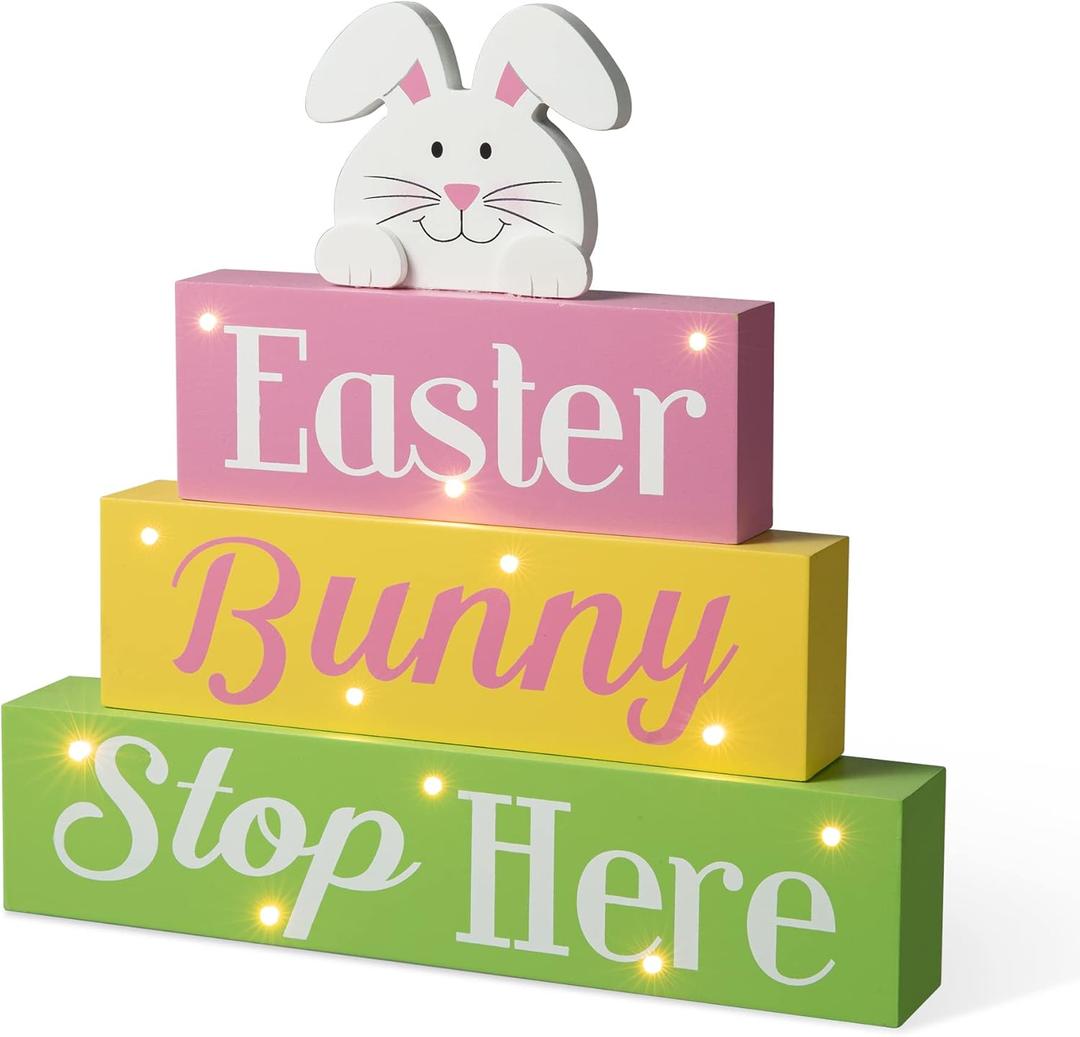 Glitzhome LED Lighted Wooden Easter Block Table Sign Easter Bunny Table Decor with Saying for Spring Easter Party Supplies Props