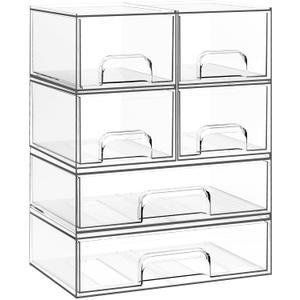 Criusia Stackable Storage Drawers, 6 Pack Clear Plastic Makeup & Bathroom Organizer, Versatile Storage Bins for Vanity, Under Sink, Kitchen Cabinets & Pantry