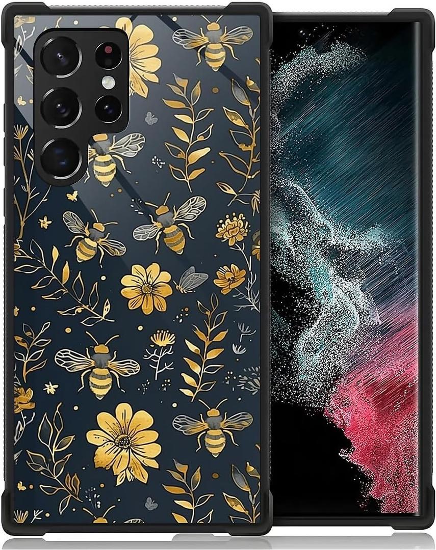 Compatible with Samsung Galaxy S23 Ultra Case,Vintage Yellow Bee Floral Amazing Pattern Design Shockproof Anti-Scratch Hard PC Back Case for Samsung Galaxy S23 Ultra