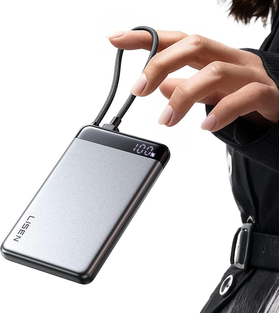 LISEN [CCC Certified] [Metal Alloy] 0.5" Ultra Slim 10000mAh Power Bank, TSA Approved Airplane Travel Essentials, Portable Charger USB C Fast Charging for iPhone 17 Air 16 15 Pro Samsung Galaxy S26 (Silver)