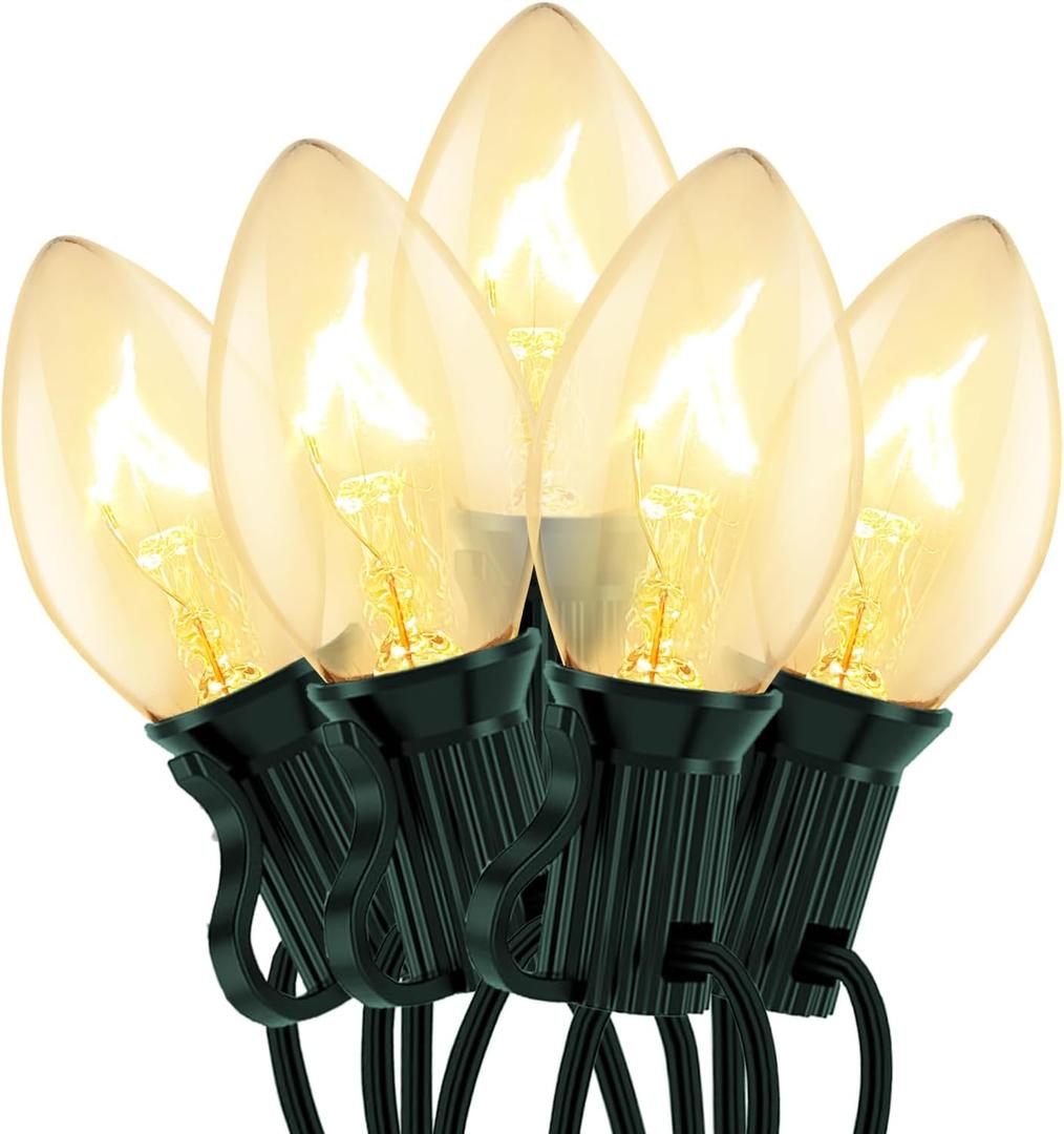 C7 Clear Christmas Lights, 25Ft Outdoor Christmas String Lights with 27 Warm White Incandescent Bulbs, Connectable Vintage Christmas Lights for Outdoor Patio Christmas Party House Decorations, Green