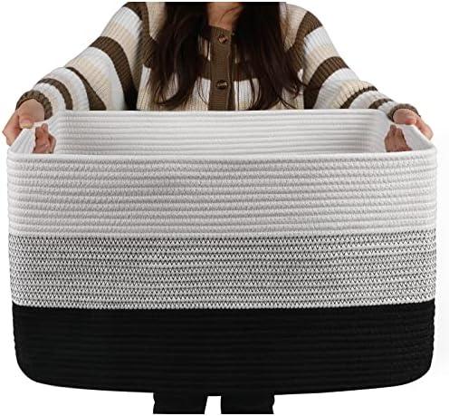 OIAHOMY Large Blanket Basket, 22”x17”x12” Rectangle Woven Baskets, Nursery Blanket Storage Living Room, Toy Storage With Handle, Large Baskets for Organizing-Gradient Black