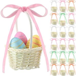 Weysat 18pcs Velvet Bow Mini Easter Baskets with Handles pastel Easter Party Favor Supplies Mini Woven Rattan Flower Baskets with Colorful Ribbon for Tiny Party Favors, Arts with DIY Crafts
