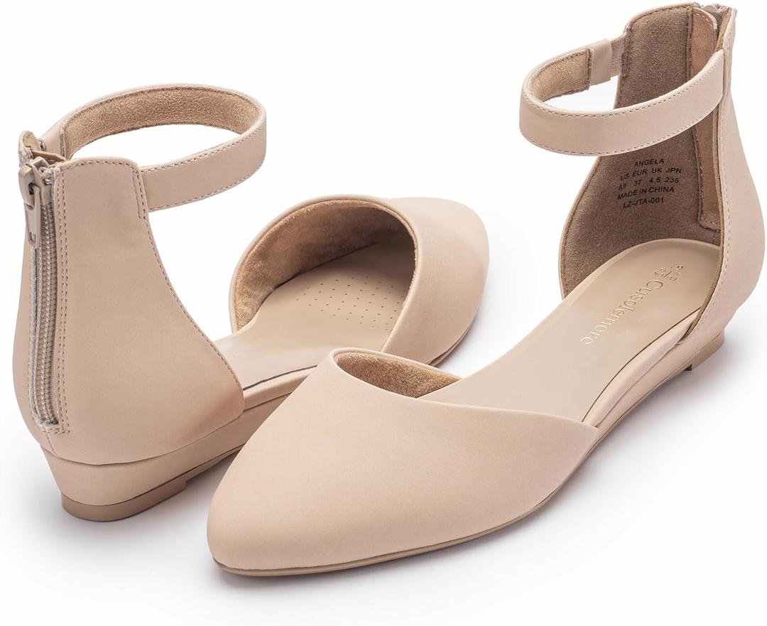 Women Flat Shoes with Ankle Strap, Low Wedge Heel Flats for Women, Comfortable Pointed Toe Dress Shoes for Work Business Wedding (8.5, Nude Nubuck)