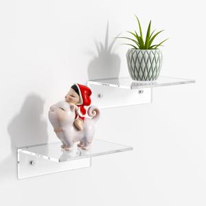 FEMELI 2 PCS 6" Acrylic Floating Shelves, Clear Shelf for Display, Plant, Perfume, Book in Bedroom Living Room Office, 5mm Thick Wall-Mounted Acrylic Shelves for Wall