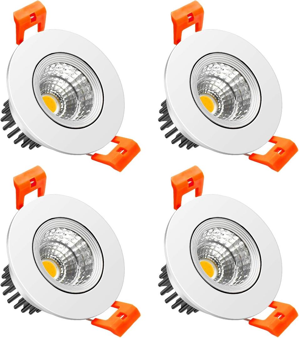 LightingWill 2inch LED Dimmable Downlight, 3W COB Recessed Ceiling Light, Daylight White 5500K-6000K, CRI80, 25W 220LM Halogen Bulbs Equivalent, White (4 Pack)