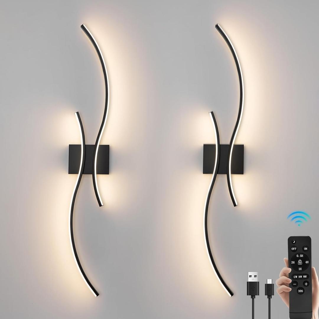 Battery Operated Wall Sconces Set of 2, Dimmable Rechargeable Battery Wall Light with Remote Control, 3000K-6500K LED Black Wireless Wall Sconce for Living Room Bedroom Hallway, 31.5inch (Black)