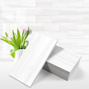 Vamos Tile 100-Piece Glossy Dolomite White Peel and Stick Backsplash Tile,3''x6'' PVC Subway Tile with White Grout, Stick on Backsplash for Kitchen/Bathroom/Fireplace
