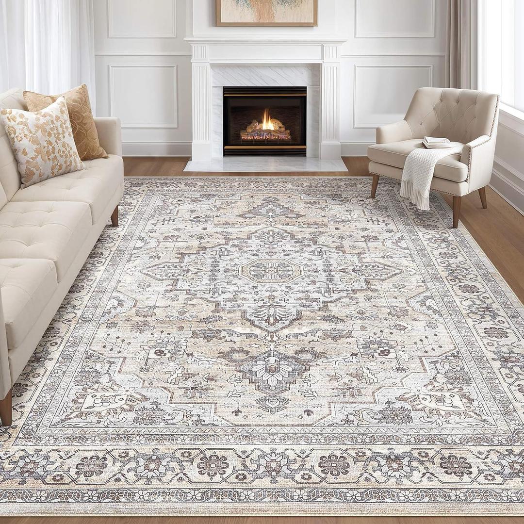 7x9 Area Rug Living Room: Washable Boho Large Neutral Vintage Soft Rugs Stain Resistant Farmhouse Non Slip Indoor Floor Carpet for Bedroom Nursery Kids Playroom Office Dining Room- Ivory Gray