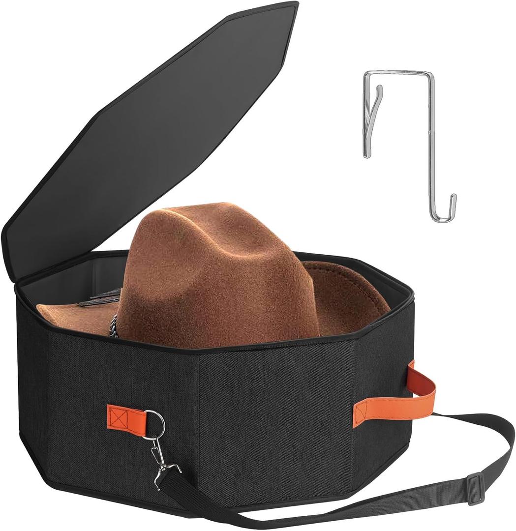 kushon Hat Storage Box for Women & Men, Hardboard Support Hat Boxes with 1 Door Hook Hat Organizer, Cowboy Hat Box for Travel, Hat Bag Hat Case (Black)