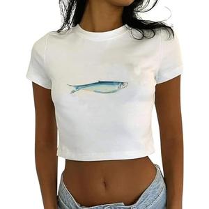 Graphic Baby Tees for Women Y2k Tops Teen Girls Fruit Print Crop Tops Coastal Summer Clothes Vintage Aesthetic T Shirt Large