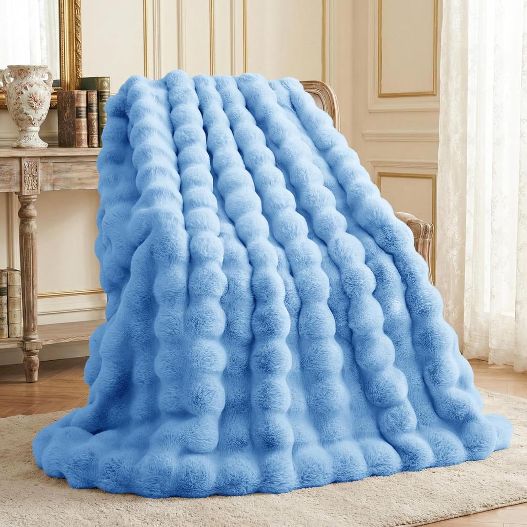 L'AGRATY Faux Fur Throw Blanket: 50" x 60" Luxury Soft Fluffy Rabbit Fur Blankets Twin for Couch Bed Sofa - Cozy Plush Bubble Blankets for Winter: Flannel Fleece Decorative Blanket(Airy Blue)