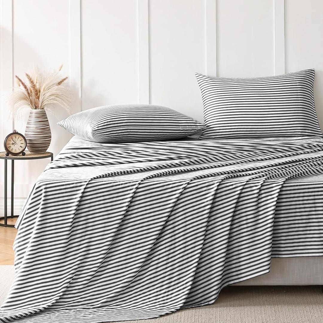 JELLYMONI 100% Natural Cotton Queen Sheet Set, 4 Pieces Black and White Striped Sheets  16" Deep Pockets Bedding Set, Ultra-Soft, Machine Washable (0906)