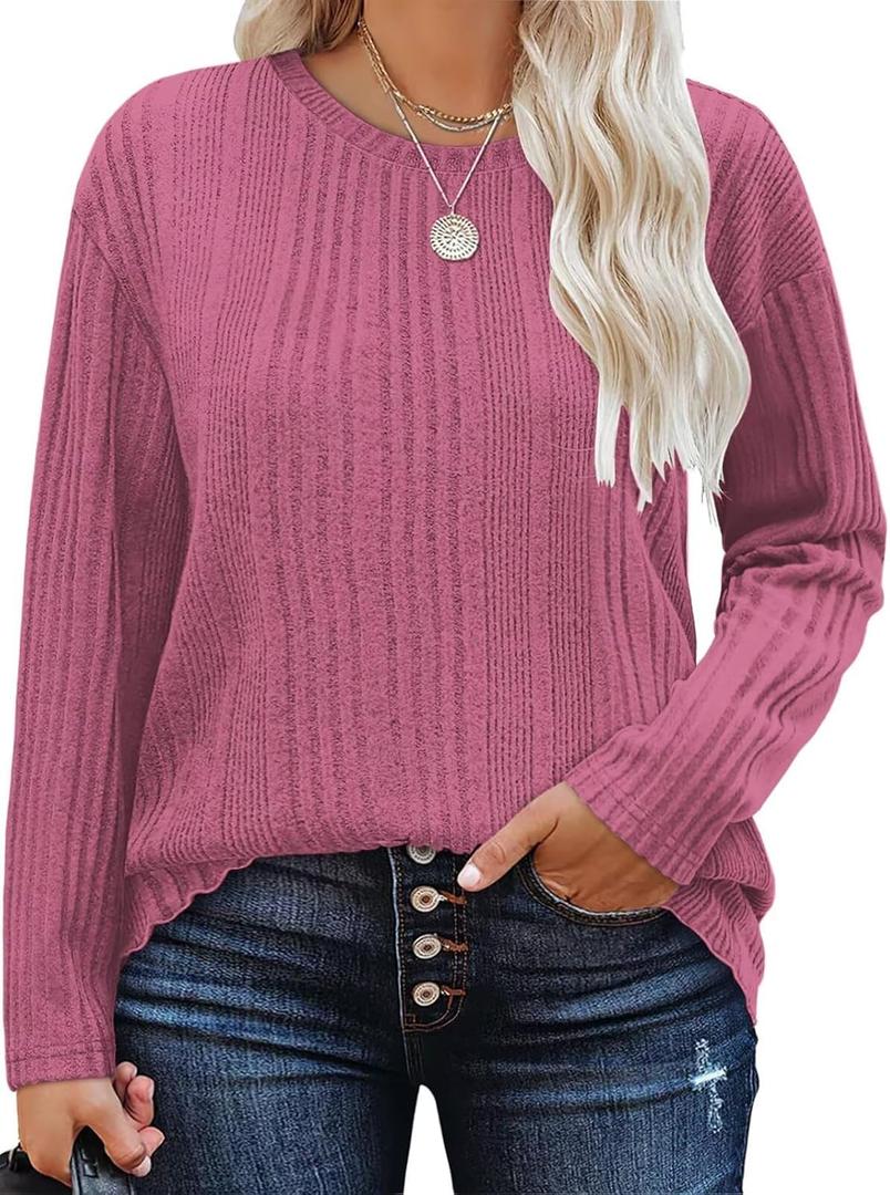DOLNINE Plus-Size-Tops for Women Casual Crewneck Shirts Comfy Long Sleeve Tees Ribbed Knit Lightweight Sweatshirts 1XL
