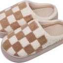 Checkered Girls House Slippers,Comfort,Wool-Like Plush Fleece Lined,in Winter Keep Warm,Slip-On for indoor (12-13 Little Kid, Beige)