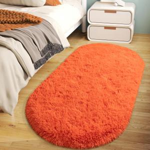 Soft Fluffy Area Rug for Bedroom, Orange Fuzzy Shaggy Oval Throw Rugs for Bedside, Non-Slip Cozy Plush Shag Carpet for Girls Kids Room Nursery Dorm Living Room, 2.6 x 5.3 Feet