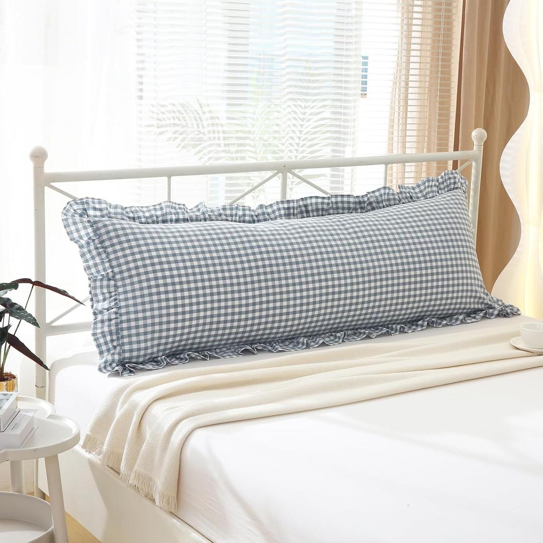 Dust Blue White Plaid Gingham Body Pillow Cover with Ruffles 20x54 inches, 100% Cotton Rustic French Country Vintage Fall Pillow Shams for Bed/Sofa (20x54 inches, Dust Blue/White Plaid)
