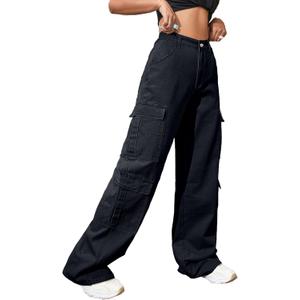 Women's High Waist Baggy Cargo Jeans Flap Pocket Y2K Streetwear Wide Leg Denim Pants (Small, Black12)