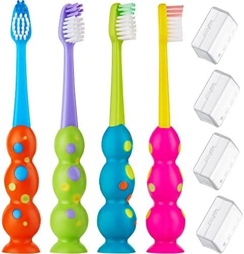 Kids Toothbrush 3 Pack - Soft Bristles with Suction Cup - Toothbrush Kids, Child Sized Brush Heads, 3-10 Year Old Kid Toothbrush with Easy Storage - Toddler, Girl and Boy Set (3-Pack, Multi-Color)