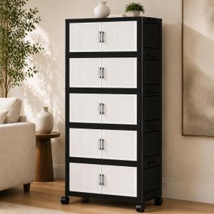 5 Tier Foldable Storage Cabinet with Top Lid, Tall Mobile PP Storage Organizer with Magnetic Doors and Wheels, Space-Saving Collapsible Organizer for Bedroom Living Room Kitchen Pantry Bathroom