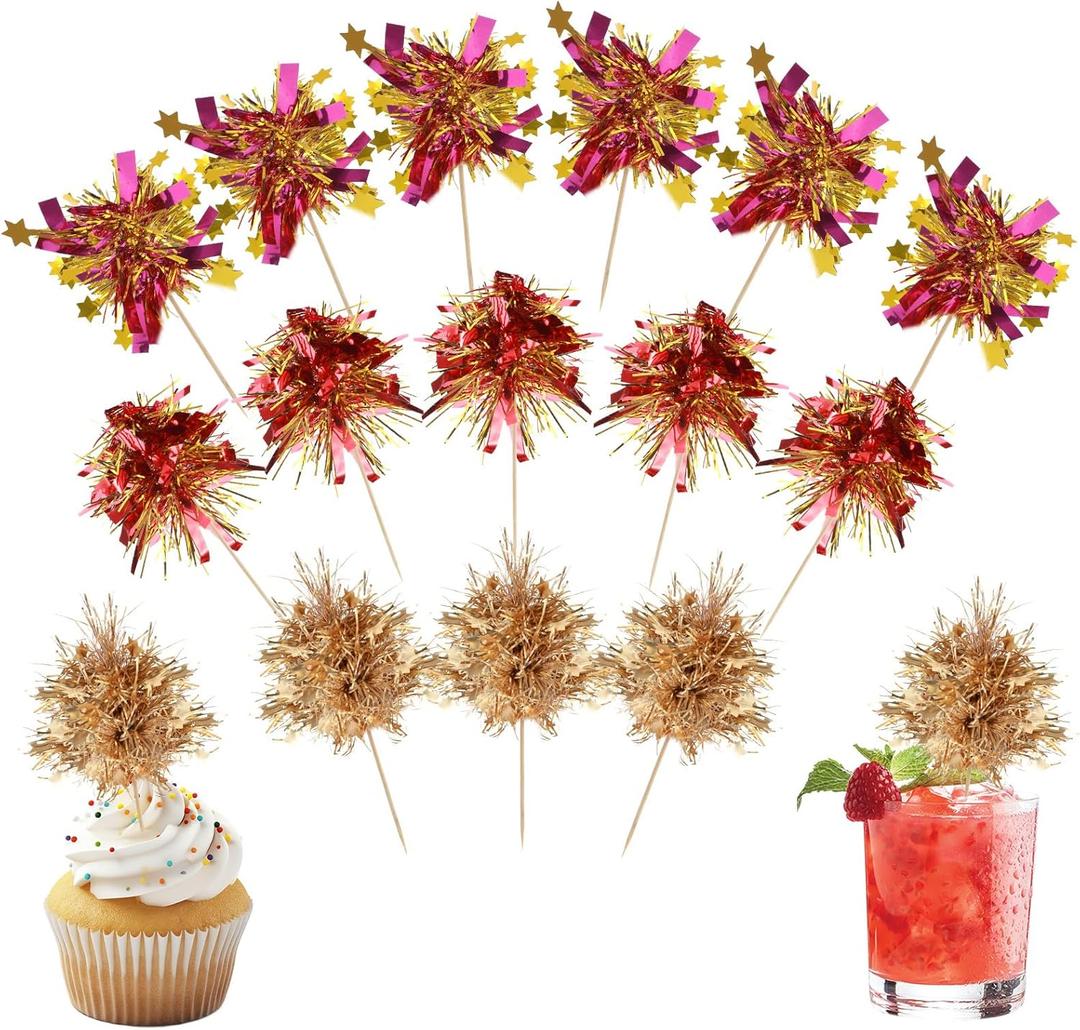 40Pcs Foil Firework Cupcake Toppers, Sparkle Tinsel Flower Drink Stirrers, Gold Sparkle Cake Decorations, Cocktail Food Fruit Toothpicks for Christmas Party Birthday Wedding Graduation Supplies