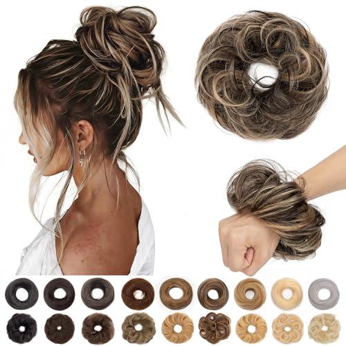 S-noilite Messy Bun Hairpiece Real Human Hair for Women Curly Wavy Tousled Updo Scrunchie Realistic Natural Messy Bun Hair Piece Highlight Black Mixed Honey Blonde
