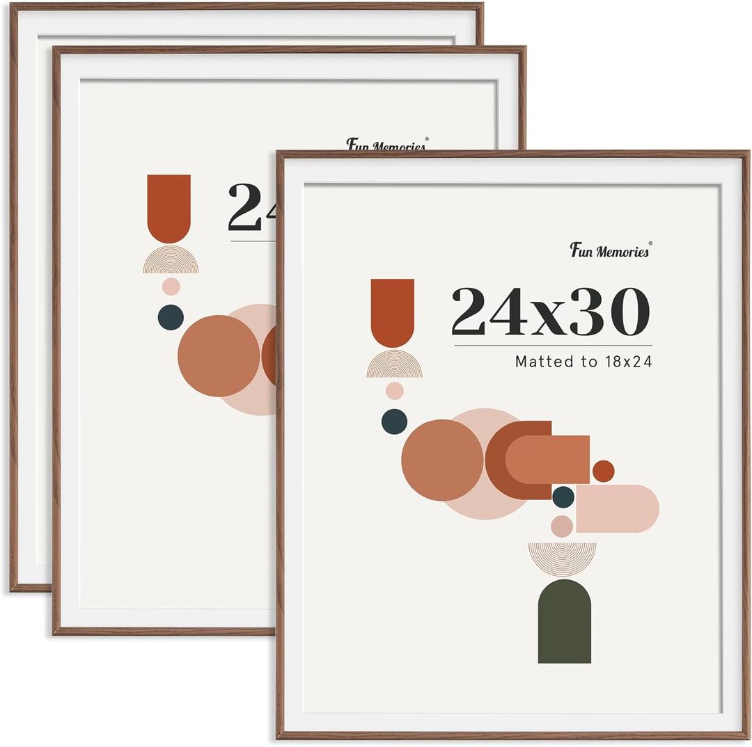 Modern Arched Picture Frames (Set of 3), Shatterproof PVC Photo Frames 24x30, Display Pictures 18x24 with Mat or 24x30 Without Mat, Lightweight, Water-Resistant & Space-Saving Home Decor, Walnut