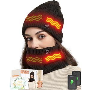 Heated Hat - Men and Women Neck Warmer Scarf & Heating Hats Set, 4000mAh Battery Pack, 3 Temperature Control