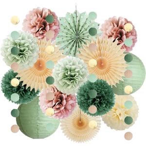 Sage Green and Dusty Pink Party Decorations Retro Olive Sage Green and Dusty Rose Party Decorations Cream Poms Beige Fans for Boho Pink Birthday Baby Shower Bridal Shower Wedding Engagement