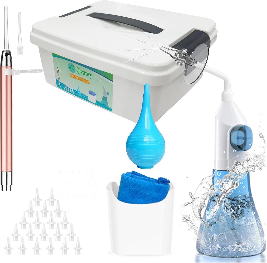 Ear Wax Removal Tool, Ear Cleaning Kits Safe Ear Irrigation Kit Ear Flush Kit for Adults Kids, Ear Wax Washer Device with LED Earwax Spoon, Basin, Bulb, Curette Kit, Towel, Tips, Storage Box Blue (Medium(26pcs accs))