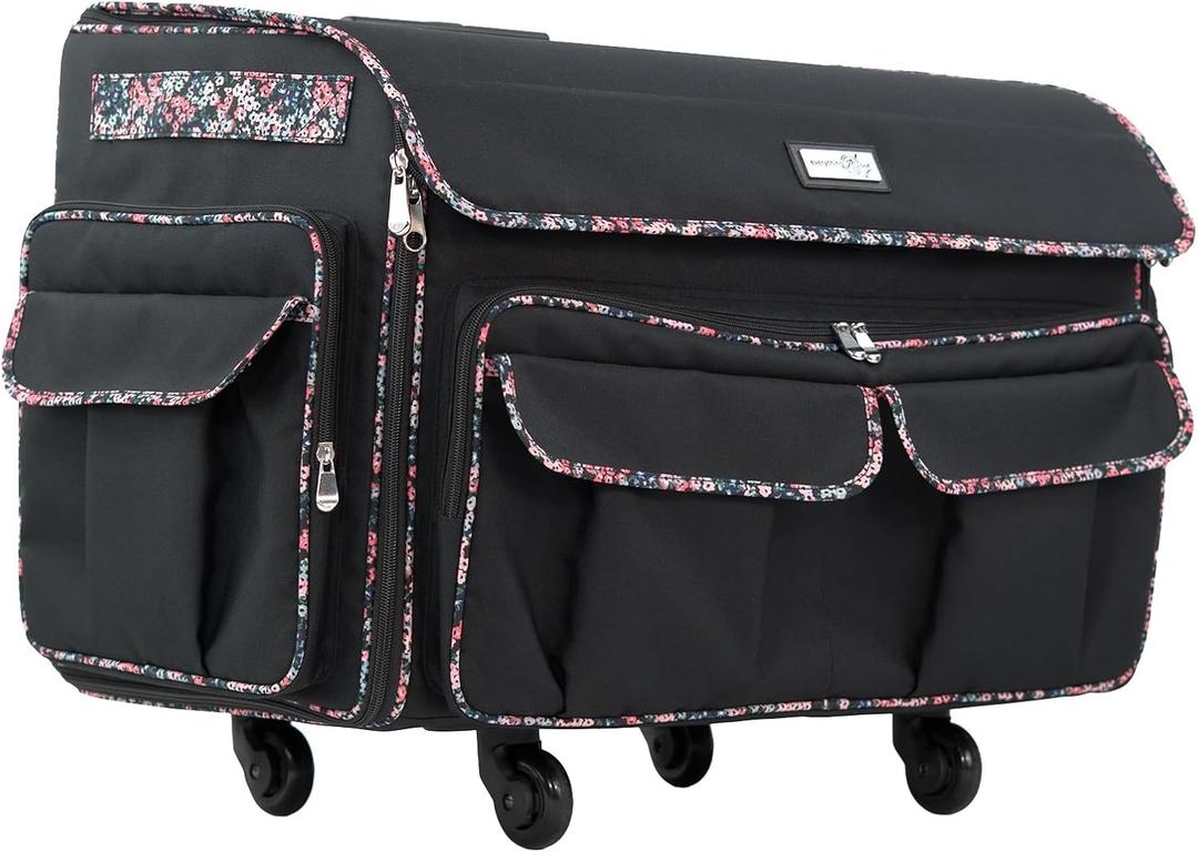 Everything Mary XXL Rolling Sewing Machine Case Black Floral Wheeled Craft Bag Compatible with Large Brother & Singer Machines Durable Travel Storage Tote