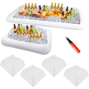 2 Pieces Inflatable Serving Bar 4 Pcs Food Umbrella Mesh Cover Tent Set Cold Food Buffet Server for Salads Beverages Ice Picnic Summer Pool Bar Outside Party Supplies